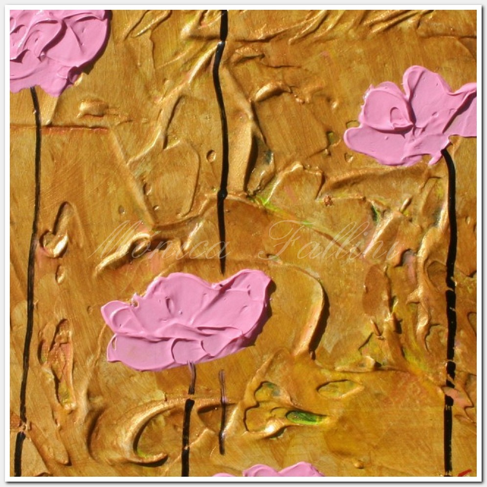 Painting titled 'Pink Poppies on gold landscape ' by Monica Fallini