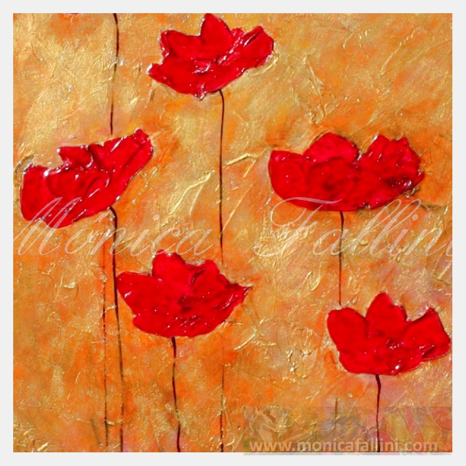 Painting titled 'Red Poppies on gold landscape' by Monica Fallini