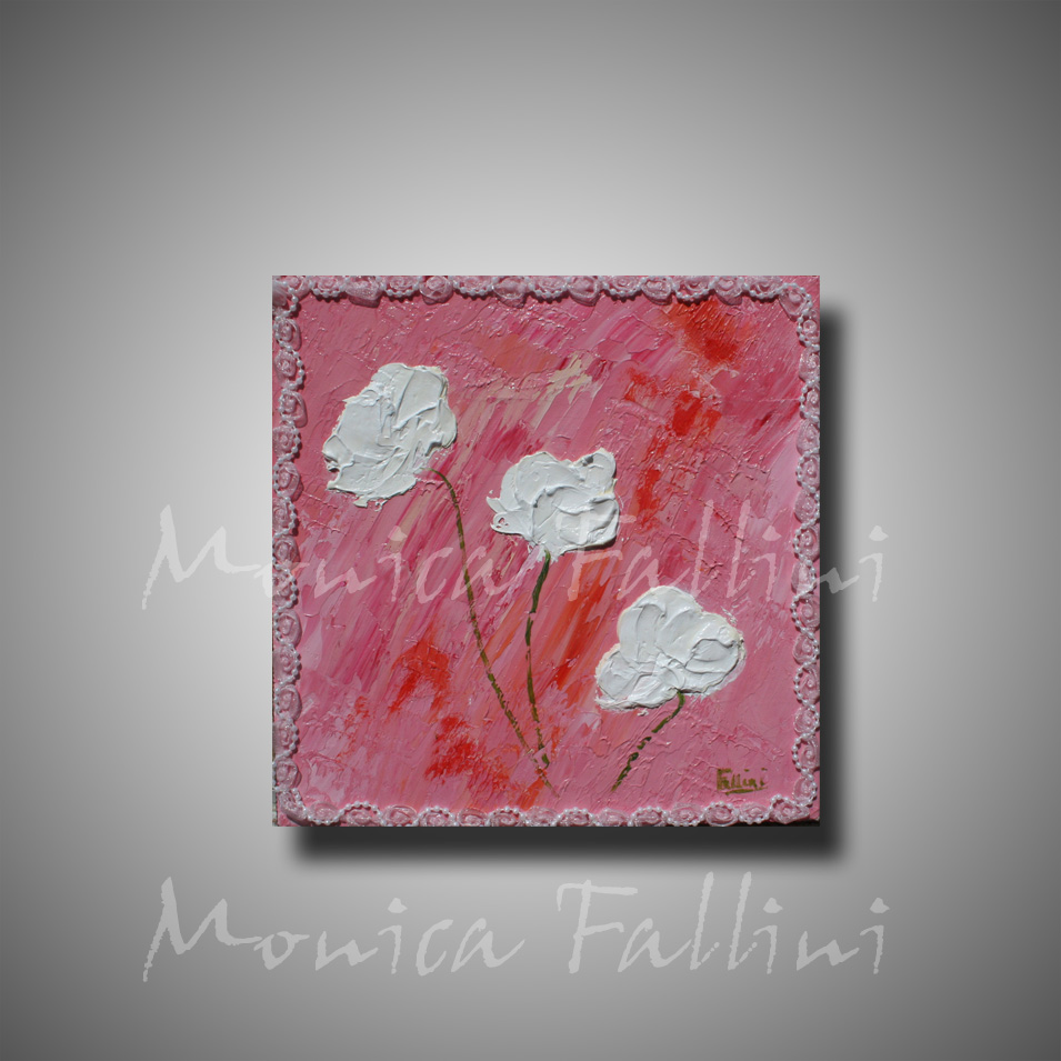 Painting titled 'White Poppies on pink' by Monica Fallini