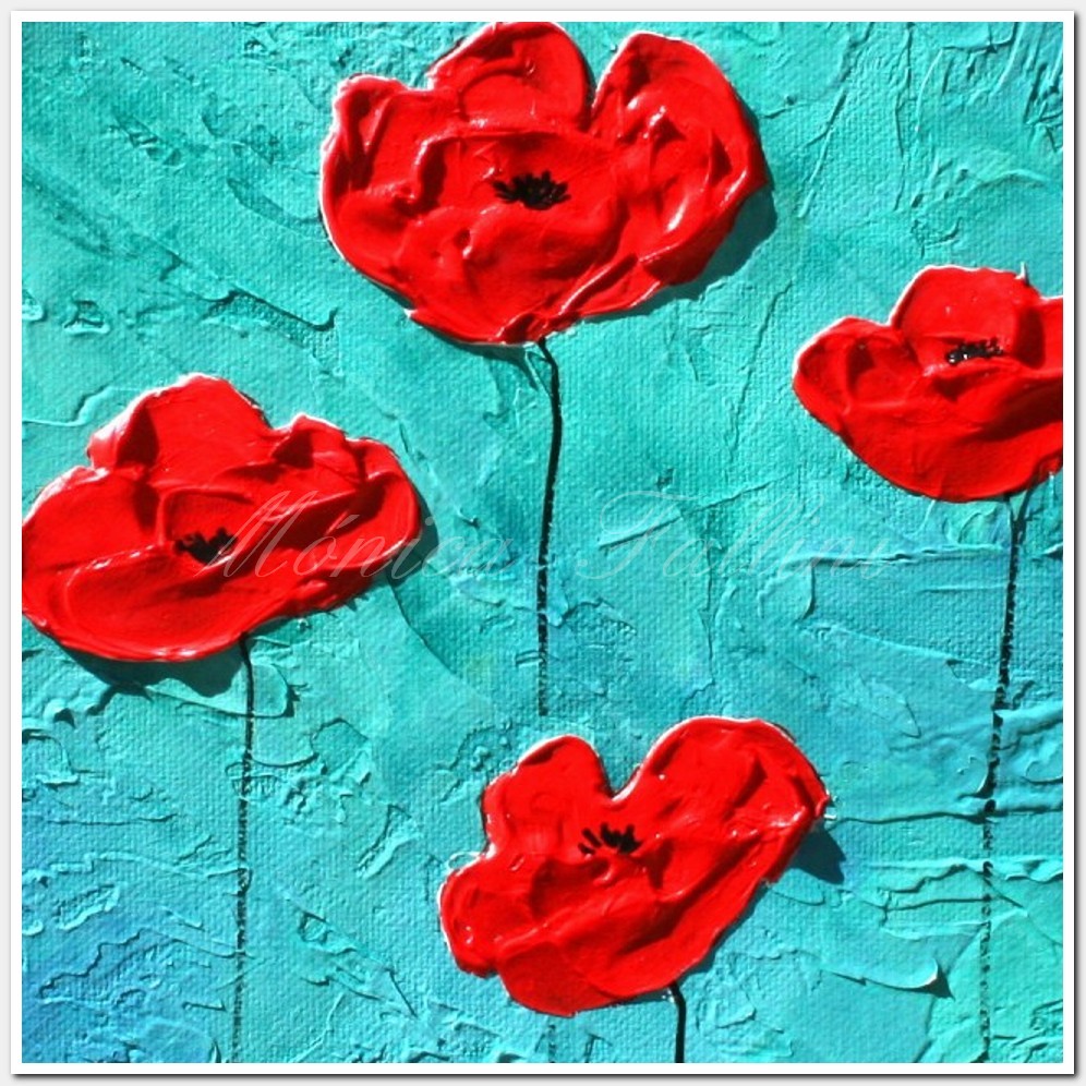 Painting titled 'Red Poppies on turquoise landscape' by Monica Fallini
