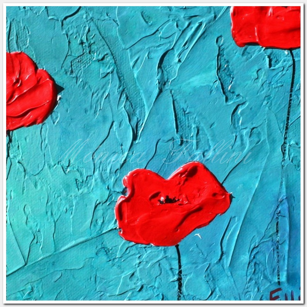Painting titled 'Red Poppies on turquoise landscape' by Monica Fallini