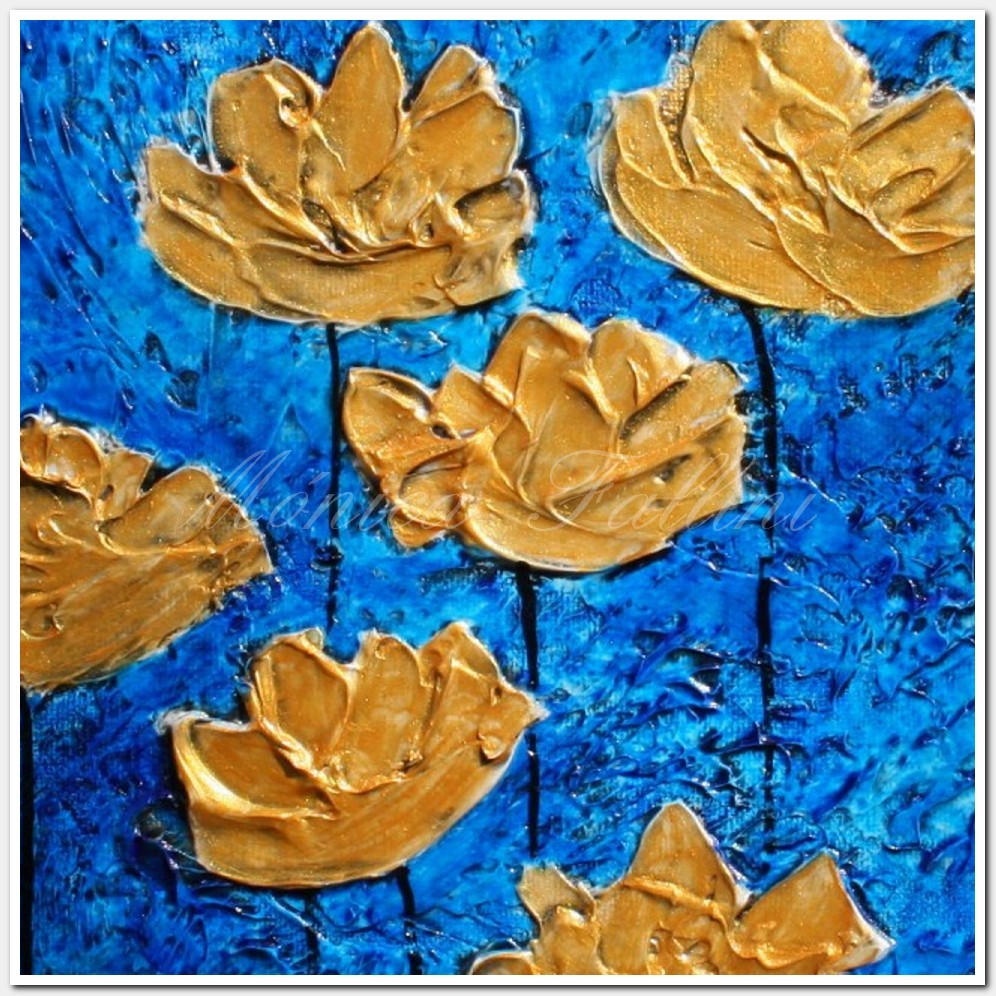 Painting titled 'Golden Poppies on blue landscape' by Monica Fallini
