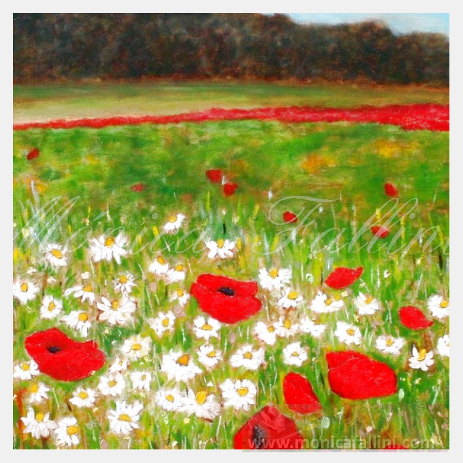 Painting titled 'Peaceful Spring day near the Daisies and Poppies' by Monica Fallini
