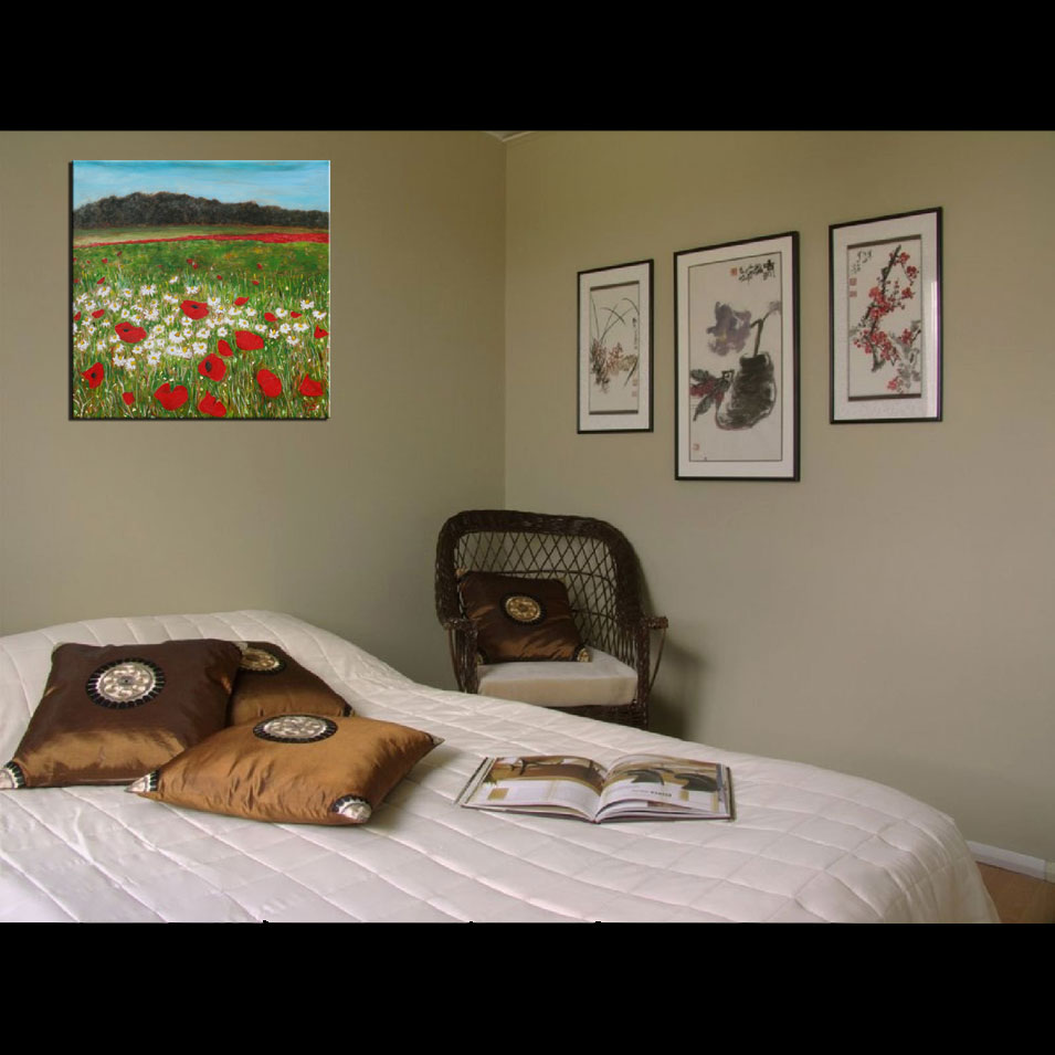 Painting titled 'Peaceful Spring day near the Daisies and Poppies' by Monica Fallini