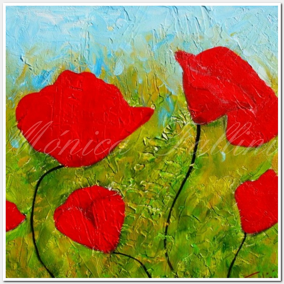 Painting titled '6 red Poppies in the field.' by Monica Fallini