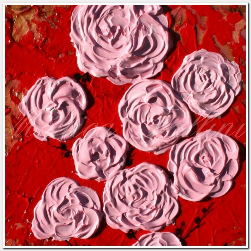 Painting titled '9 pink Roses in the rose garden.' by Monica Fallini