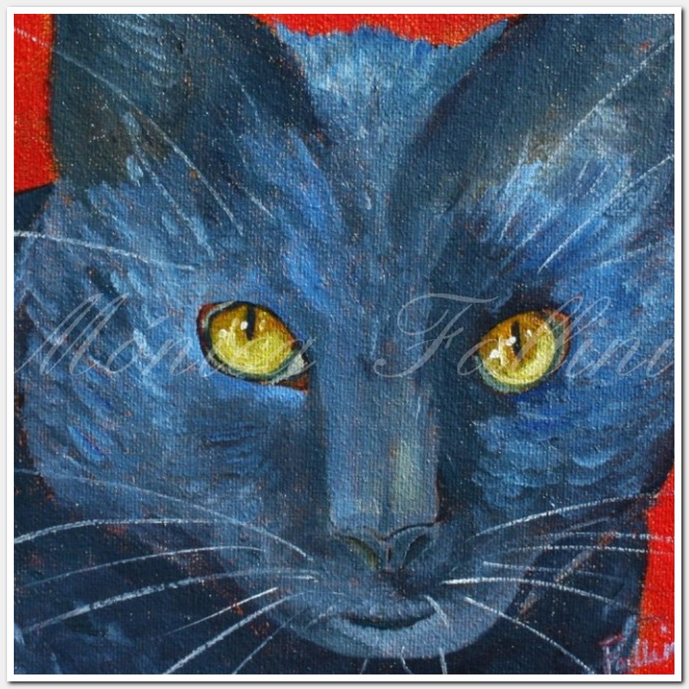 Painting titled 'Blue cat Pauline. Cat portrait' by Monica Fallini