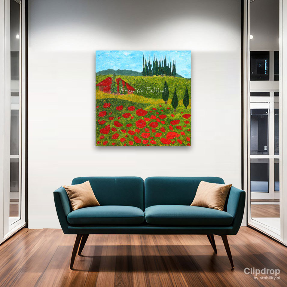 Painting titled 'Tuscan Poppies' landscape' by Monica Fallini