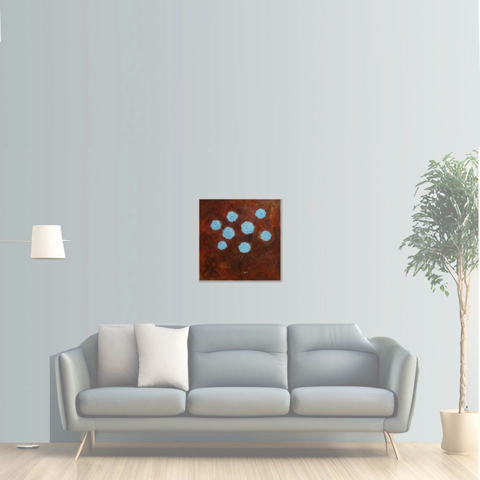 Painting titled 'Blue Roses on chocolate background.' by Monica Fallini