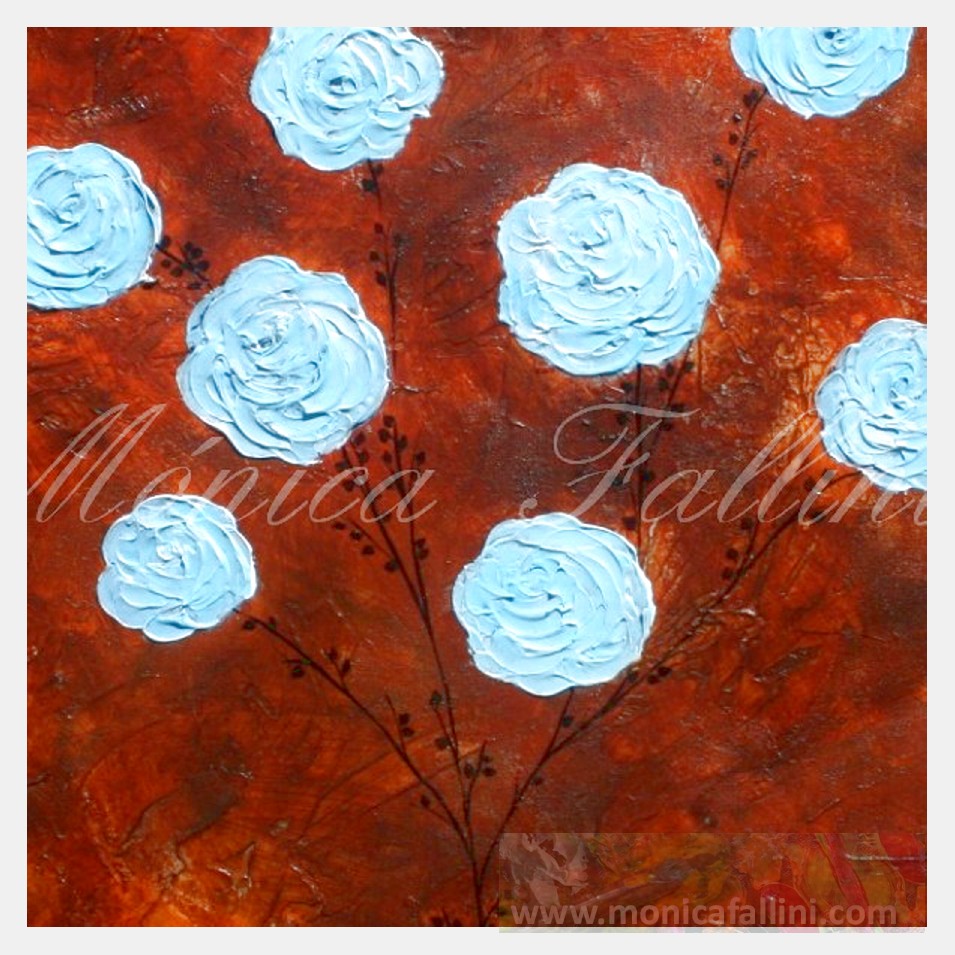Painting titled 'Blue Roses on chocolate background.' by Monica Fallini
