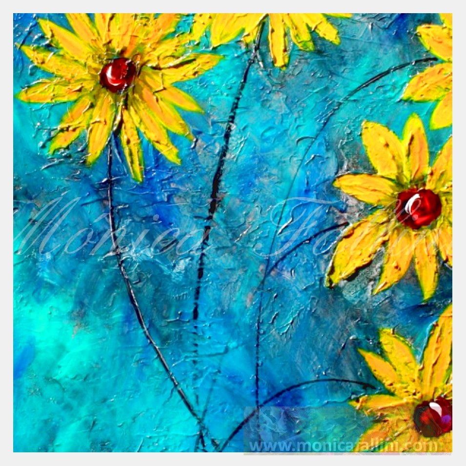 Painting titled 'Sunflowers in emerald landscape' by Monica Fallini