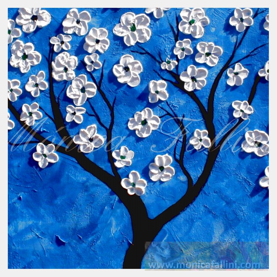 Painting titled 'Cherry tree on blue' by Monica Fallini