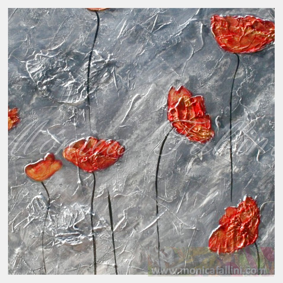 Painting titled 'Dancing red Poppies in a silver dream' by Monica Fallini