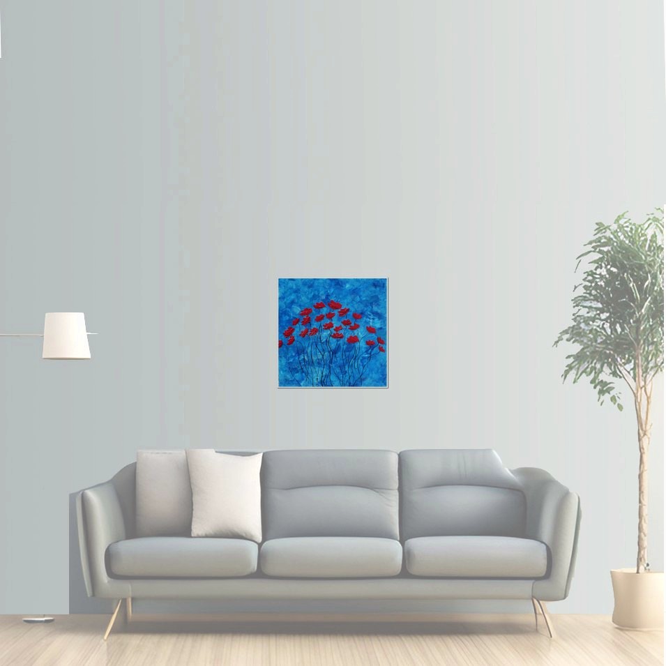 Painting titled 'Dancing Poppies near the ocean' by Monica Fallini