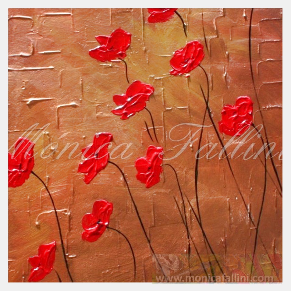 Painting titled 'Dancing Poppies on copper landscape' by Monica Fallini