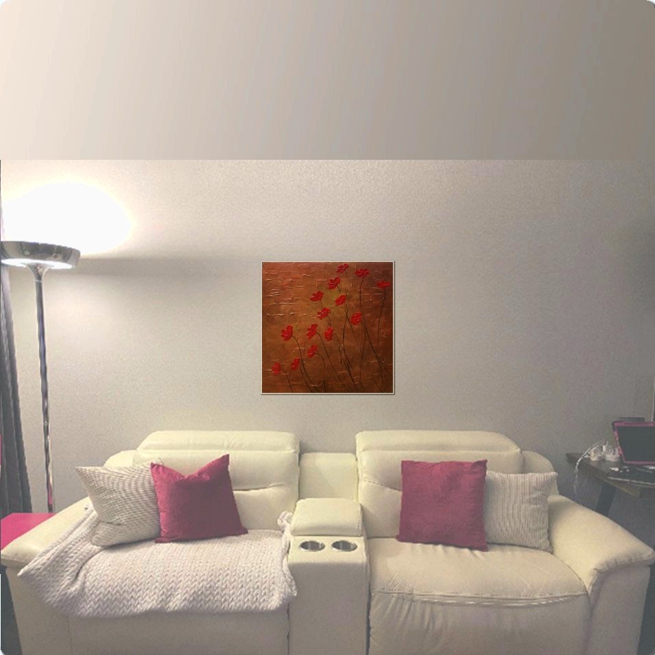 Painting titled 'Dancing Poppies on copper landscape' by Monica Fallini
