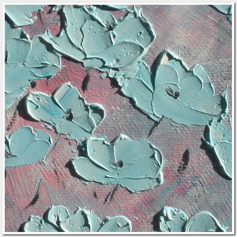 Painting titled 'Sky-blue Poppies in Winter' by Monica Fallini