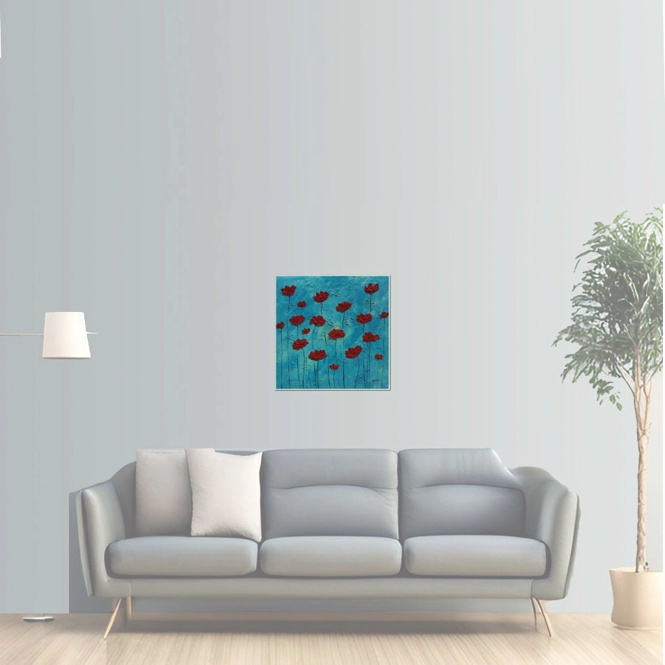 Painting titled 'Blue sky, red Poppies' by Monica Fallini