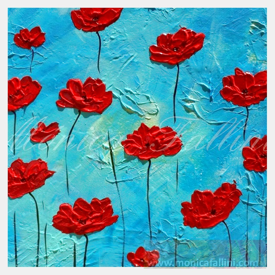 Painting titled 'Blue sky, red Poppies' by Monica Fallini