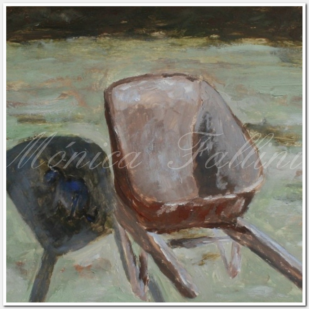 Painting titled 'In the shade of the wheelbarrow' by Monica Fallini
