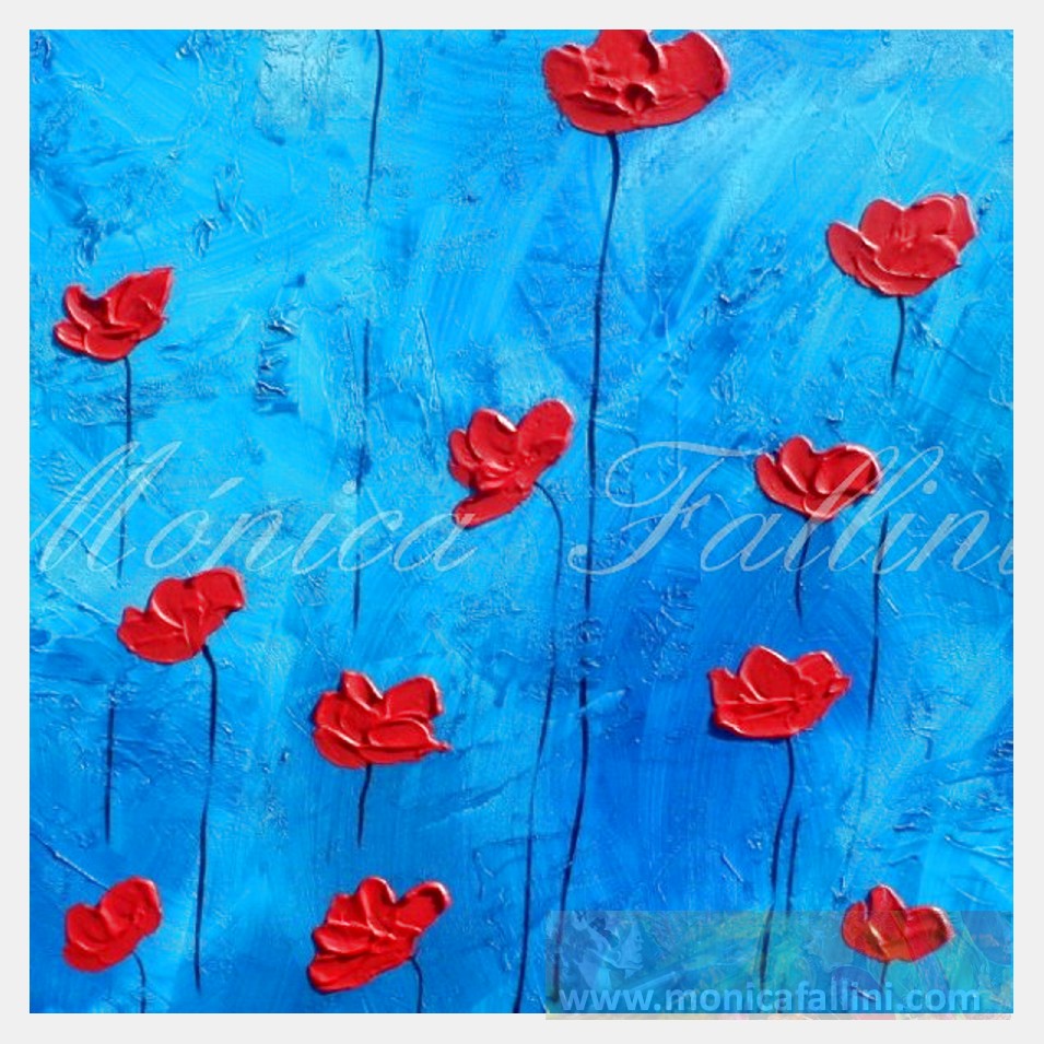 Painting titled 'Red Poppies on deep blue' by Monica Fallini