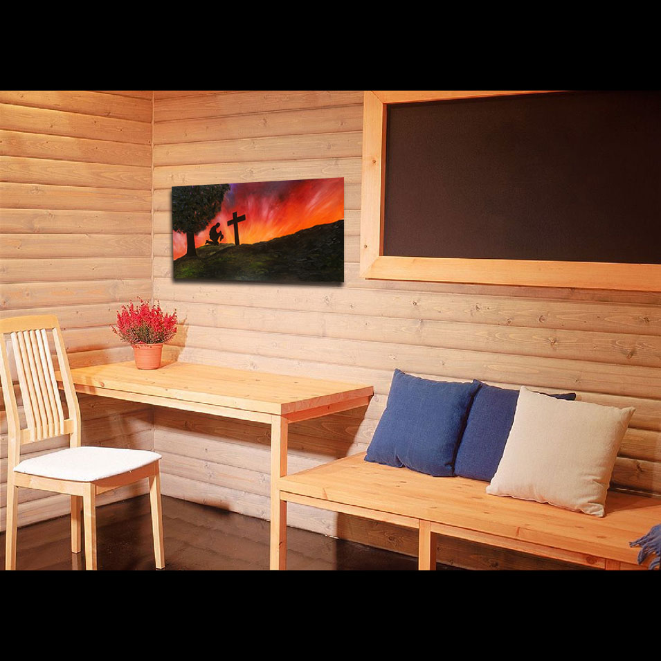 Painting titled 'Cowboy at sunset. Praying cowboy' by Monica Fallini