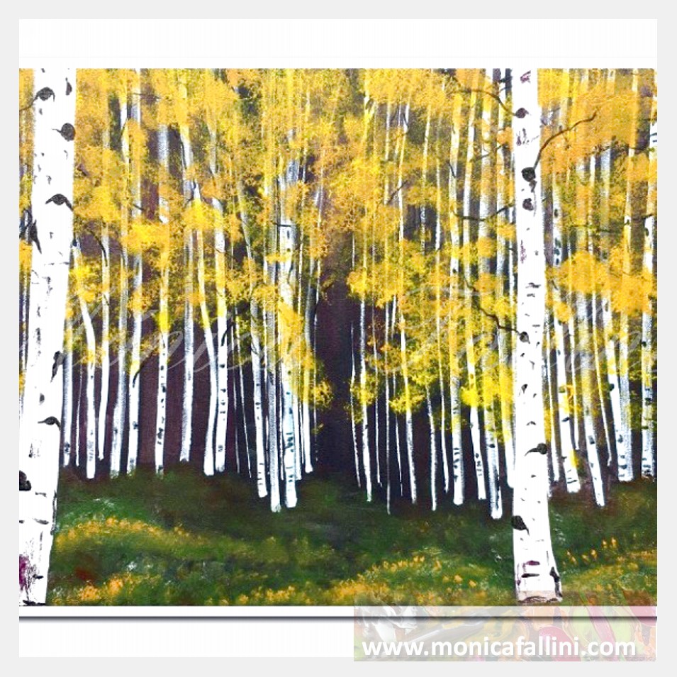 Painting titled 'Following the path in the woods' by Monica Fallini