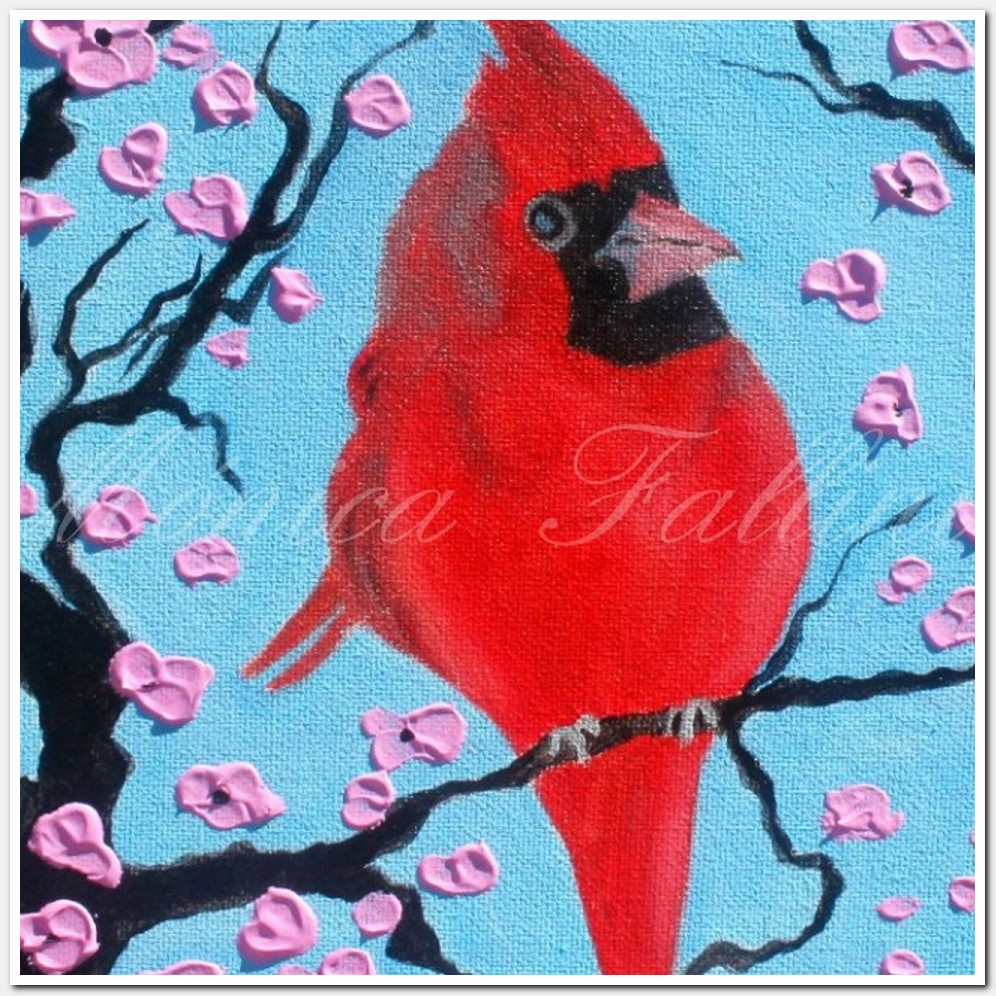 Painting titled 'Cardinal on Cherry tree' by Monica Fallini