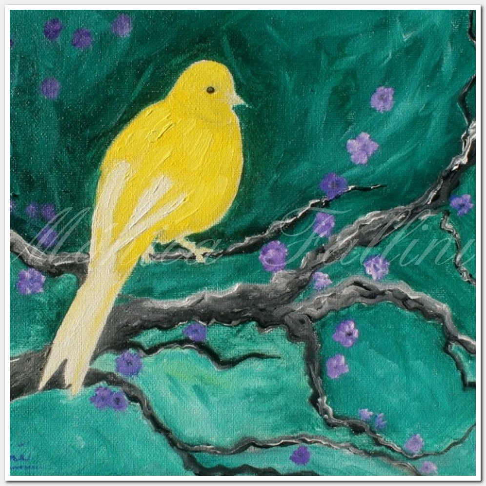 Painting titled 'Happy Canary on tree.' by Monica Fallini