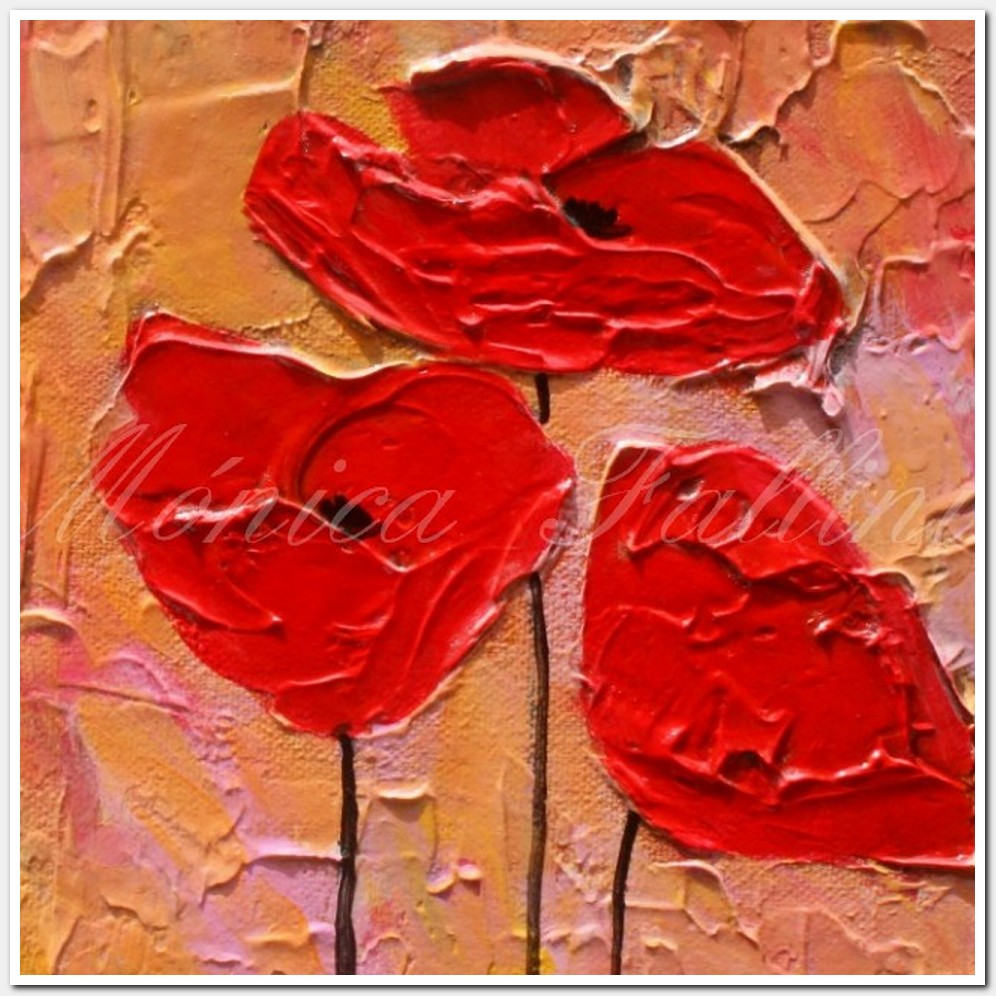 Painting titled 'Red Poppies on gold and pink' by Monica Fallini