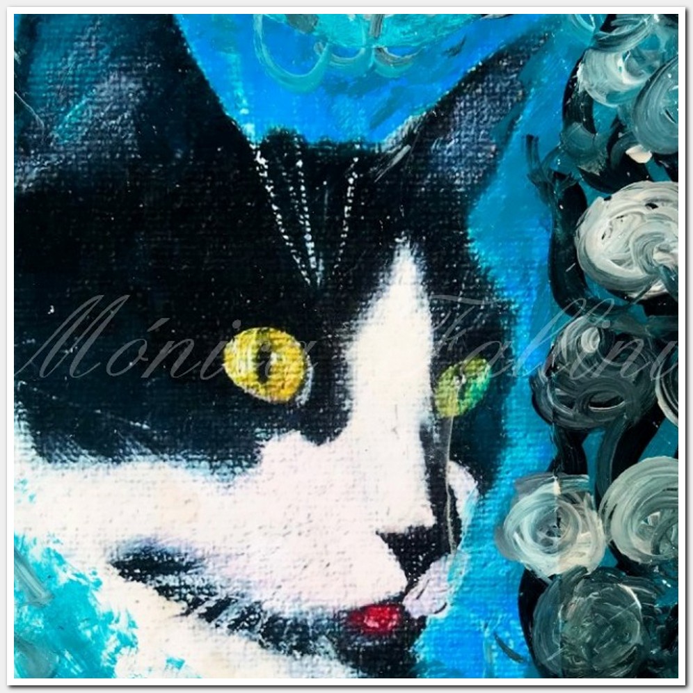 Painting titled 'Cat Timber on blue with flowers' by Monica Fallini