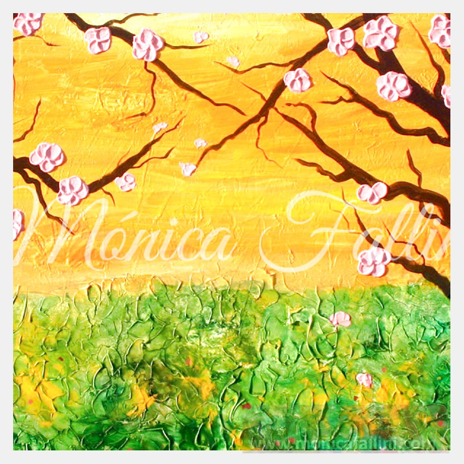 Painting titled 'Landscape with Cherry trees. Sakura' by Monica Fallini