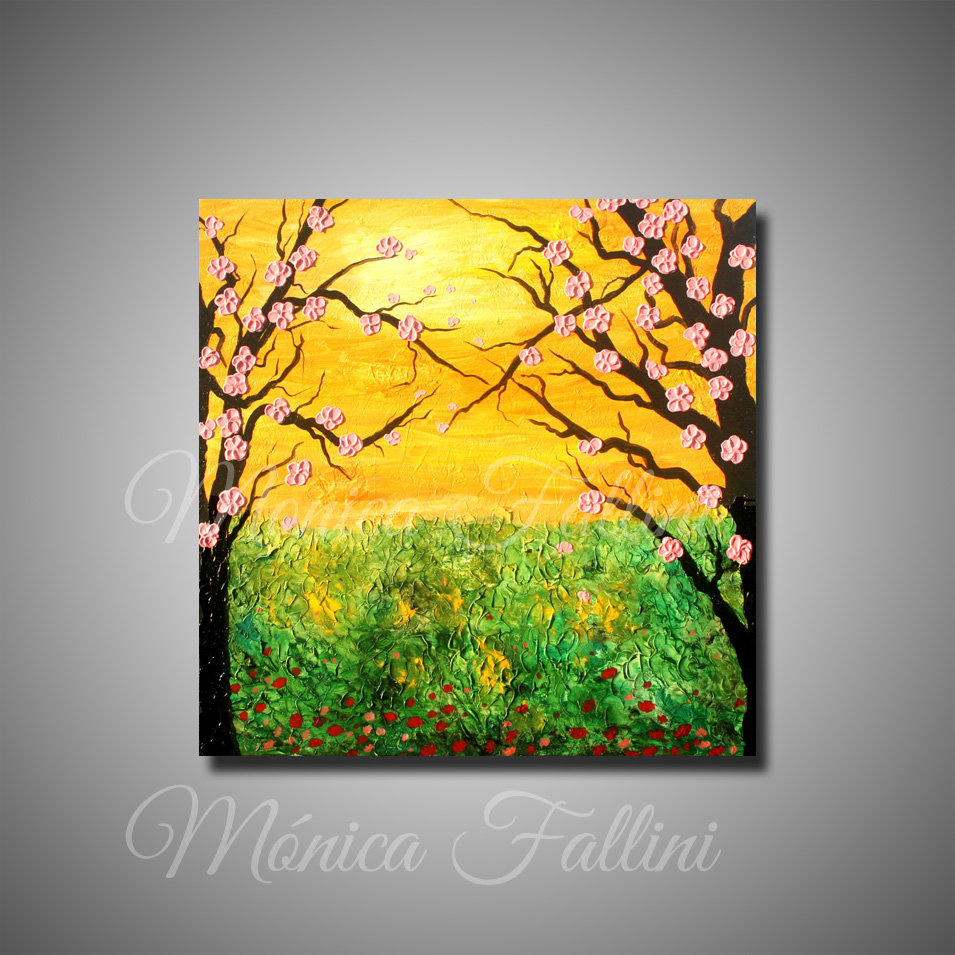 Painting titled 'Landscape with Cherry trees. Sakura' by Monica Fallini