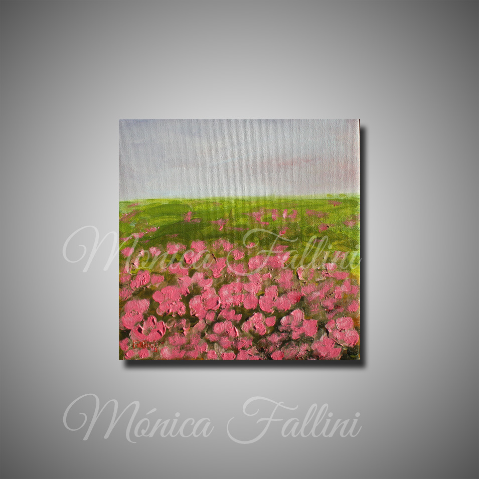 Painting titled 'In the field of pink flowers' by Monica Fallini
