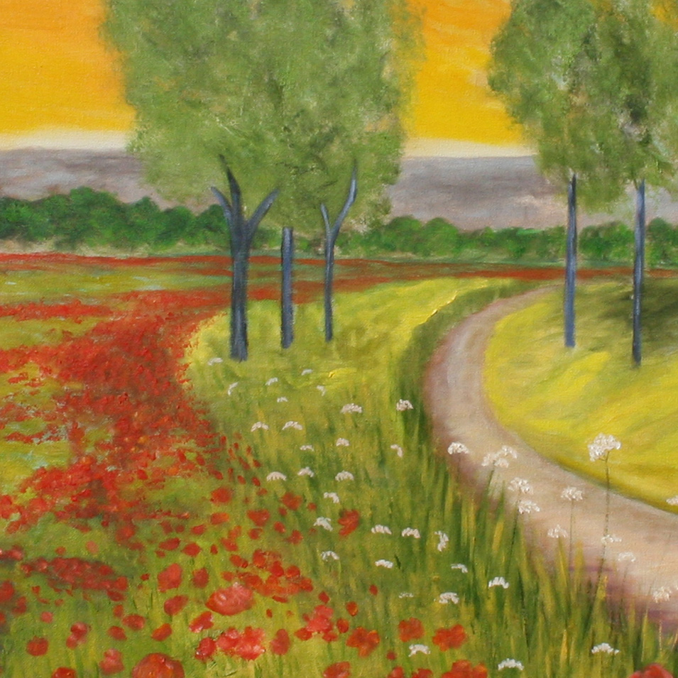 Painting titled 'Landscape with red Poppies and path' by Monica Fallini