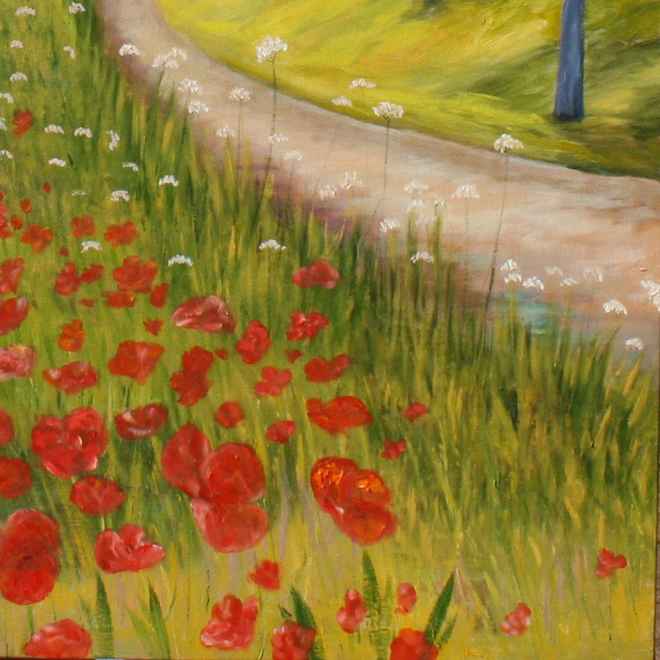 Painting titled 'Landscape with red Poppies and path' by Monica Fallini