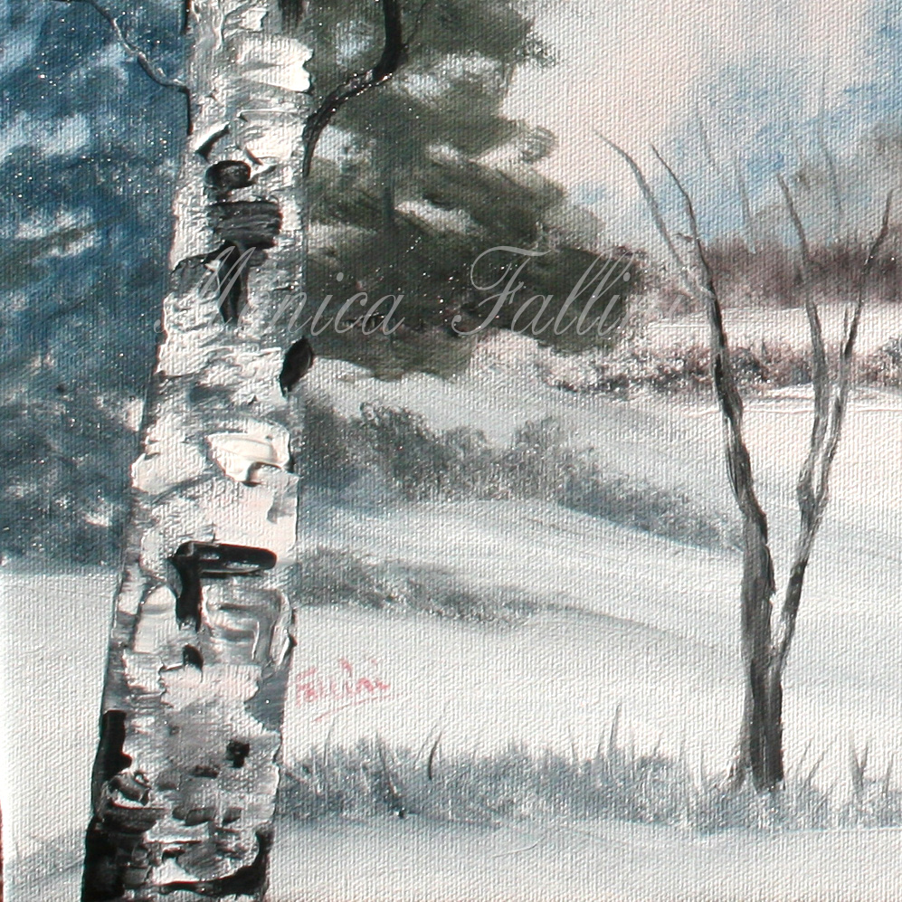 Painting titled 'Evergreens and Aspens, Winter landscape study #2' by Monica Fallini