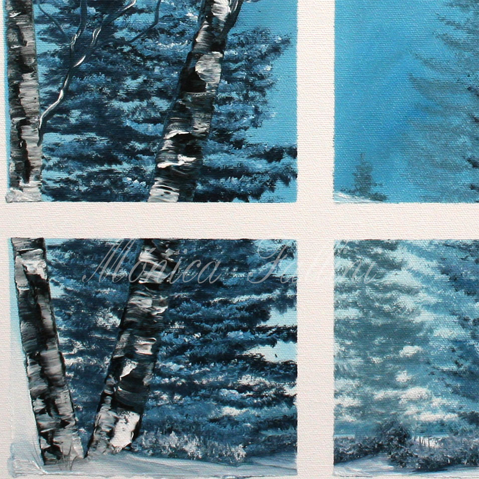 Painting titled 'Winter landscape #3. Pine trees and Aspens in the snow, window.' by Monica Fallini