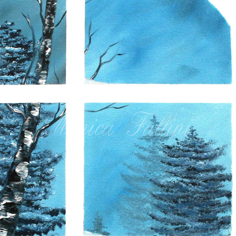 Painting titled 'Winter landscape #3. Pine trees and Aspens in the snow, window.' by Monica Fallini