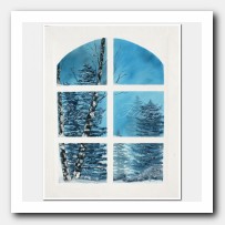 Winter landscape #3. Pine trees and Aspens in the snow, window.