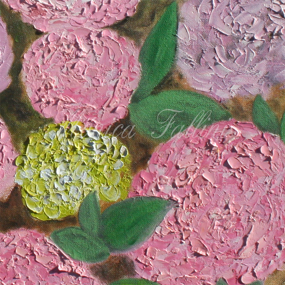 Painting titled 'Hydrangeas in the garden' by Monica Fallini