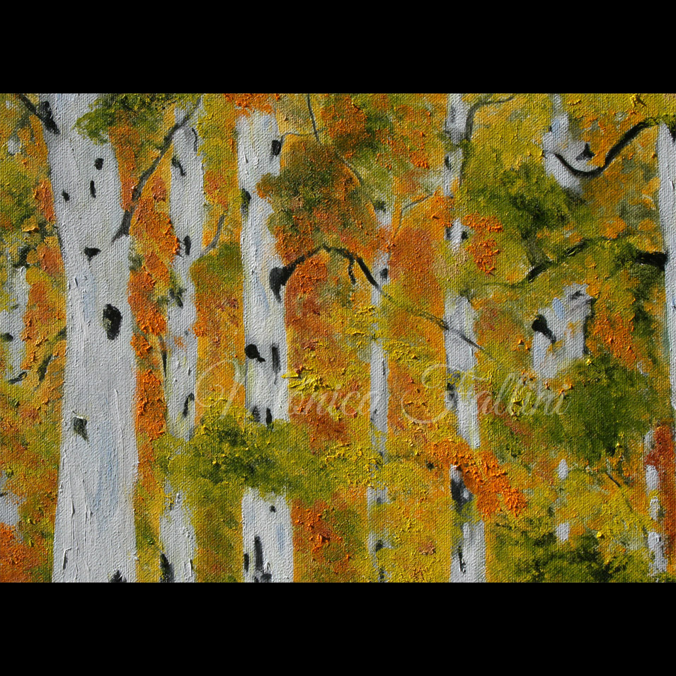Painting titled 'A walk into the Aspen forest' by Monica Fallini