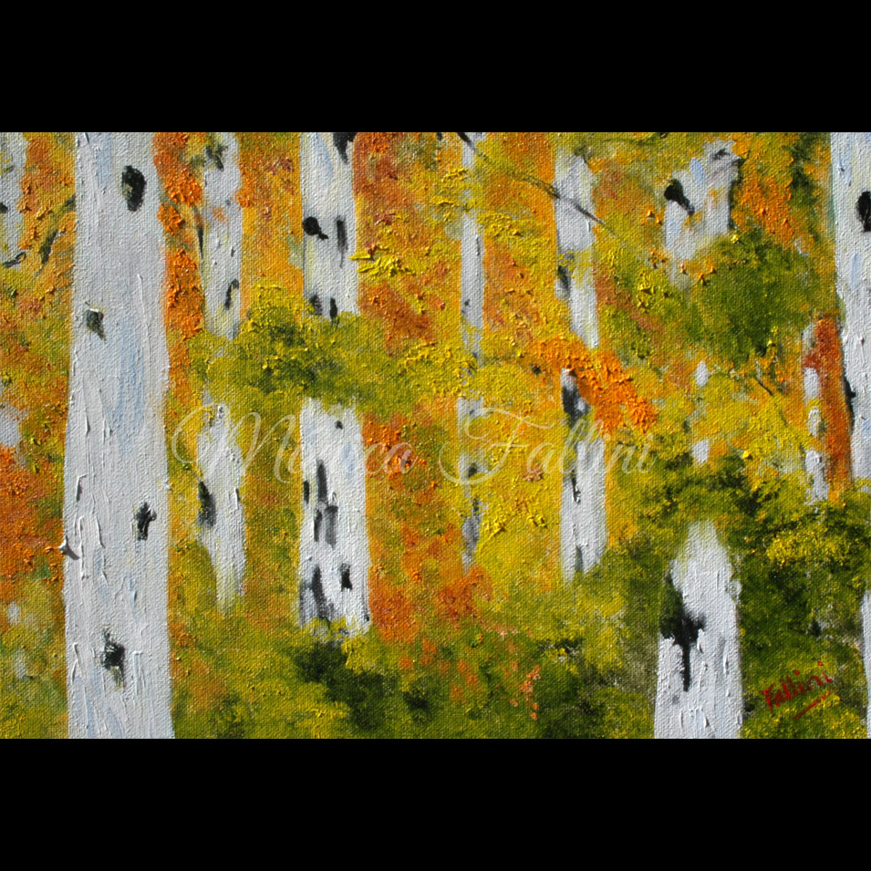 Painting titled 'A walk into the Aspen forest' by Monica Fallini
