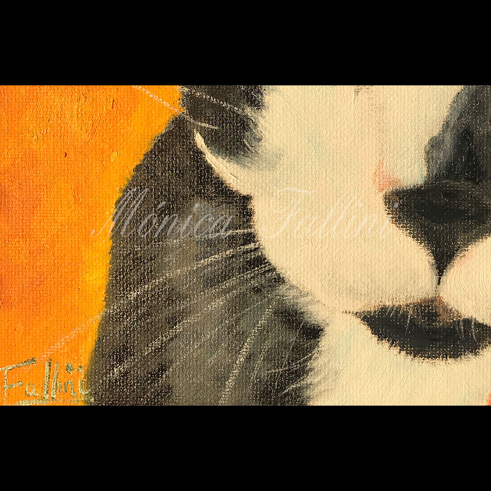 Painting titled 'Cat Timber Close-up on orange' by Monica Fallini