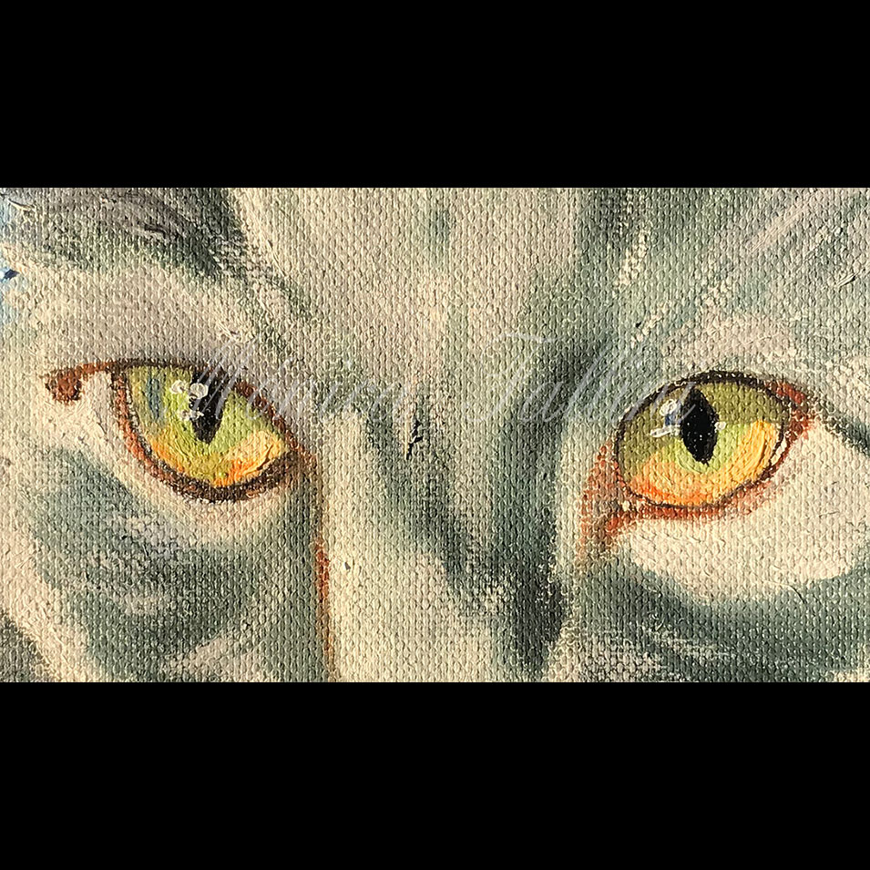 Painting titled 'Cat Nacho Close-up on sky blue' by Monica Fallini