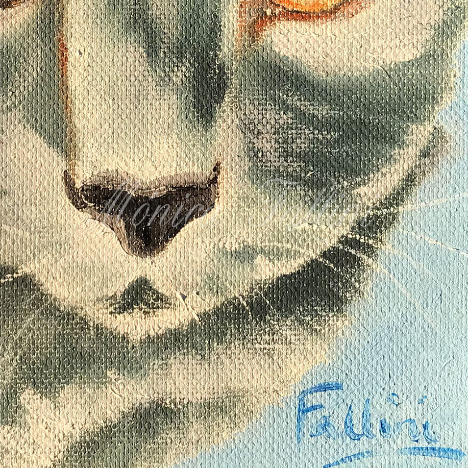 Painting titled 'Cat Nacho Close-up on sky blue' by Monica Fallini