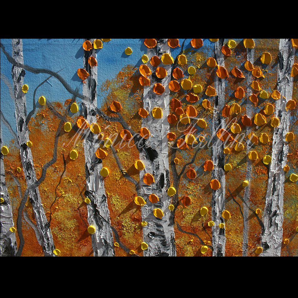 Painting titled 'In the Aspen forest in Autumn' by Monica Fallini