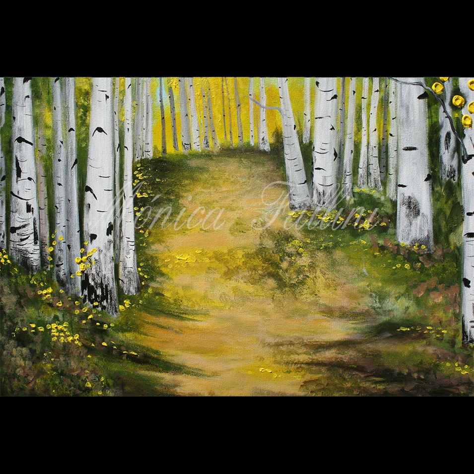 Painting titled 'A morning walk in the woods' by Monica Fallini
