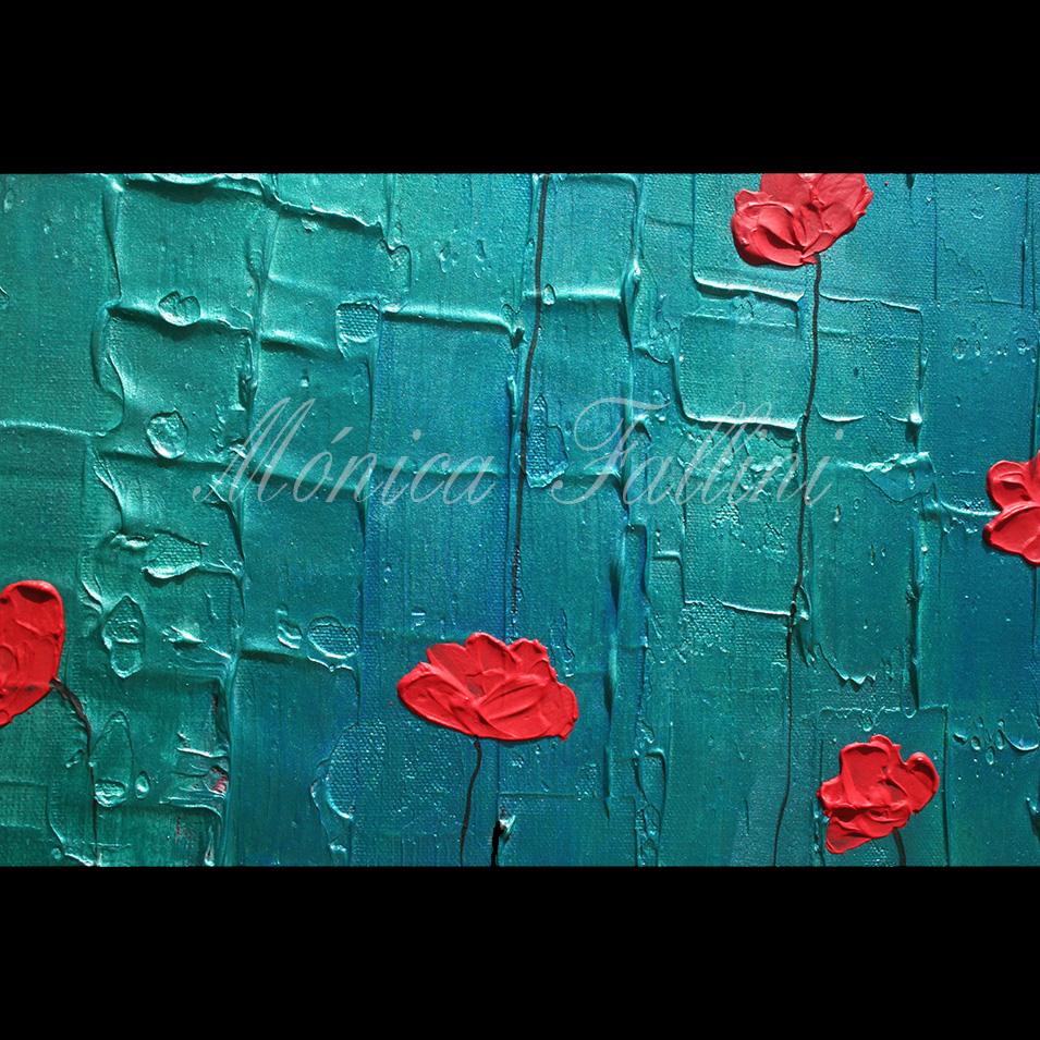 Painting titled 'Ruby and Pearl on Emerald' by Monica Fallini