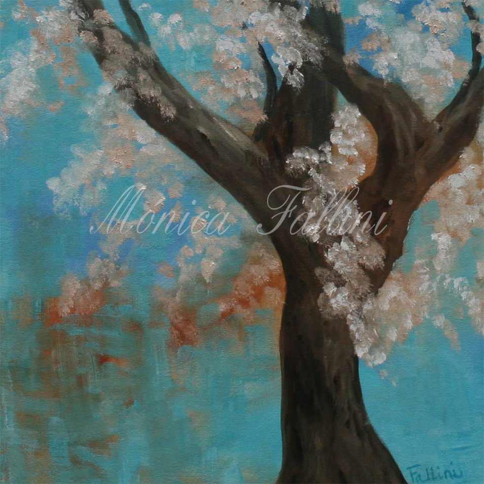 Painting titled 'One night at the lake, near the Cherry blossoms' by Monica Fallini